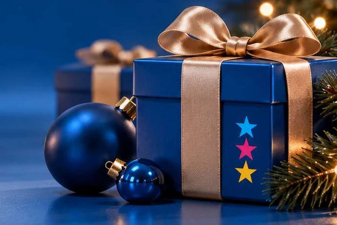 Presentes azuis com laços dourados da identidade de Natal POP 3D